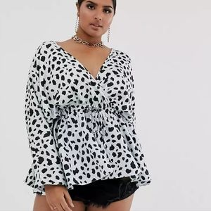 NEW ASOS CURVE Blue Blouse, US 18, printed batwing sleeve top with tie waist